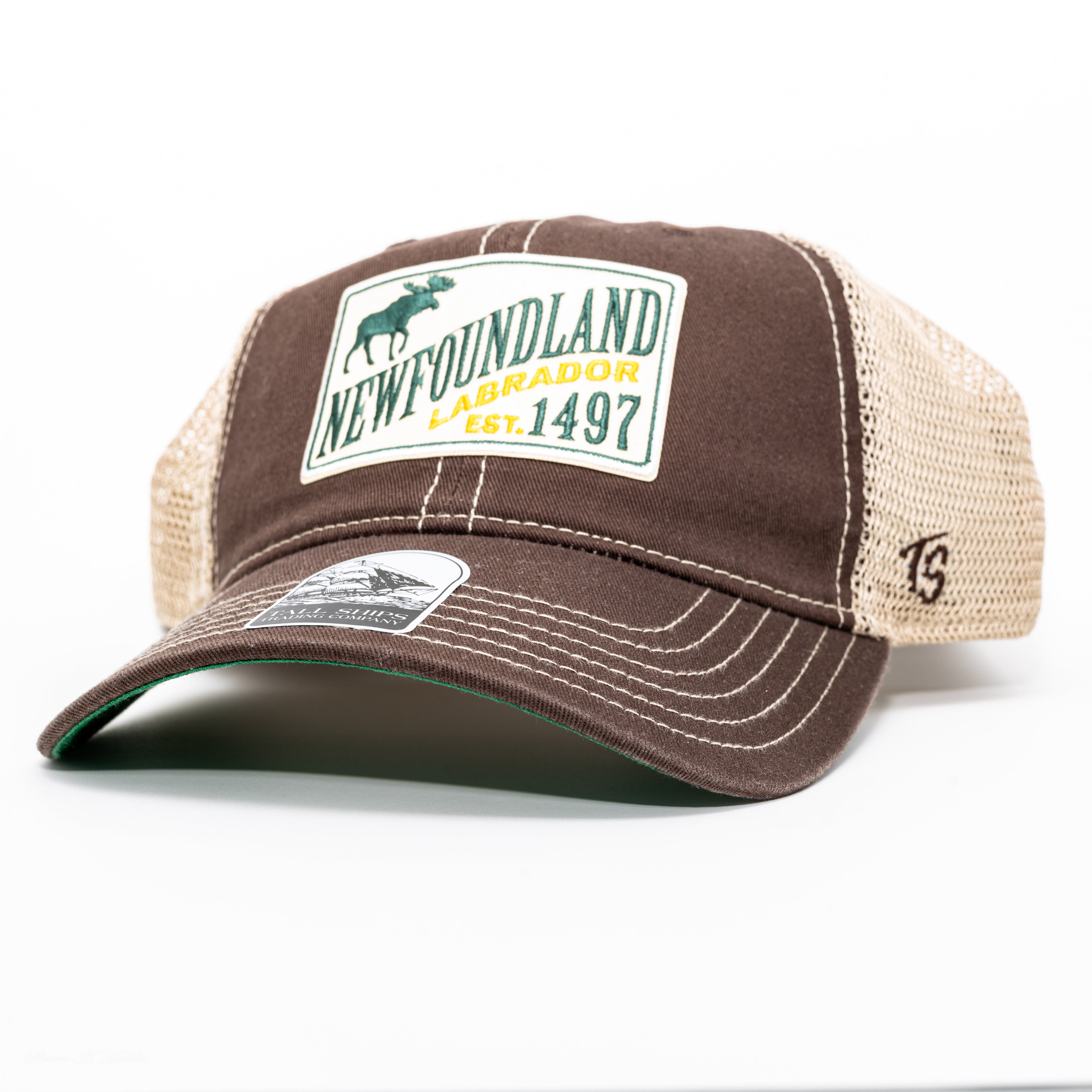 Brown Newfoundland Labrador EST. 1497 ball cap with mesh back and moose patch, perfect souvenir or gift representing Newfoundland heritage.