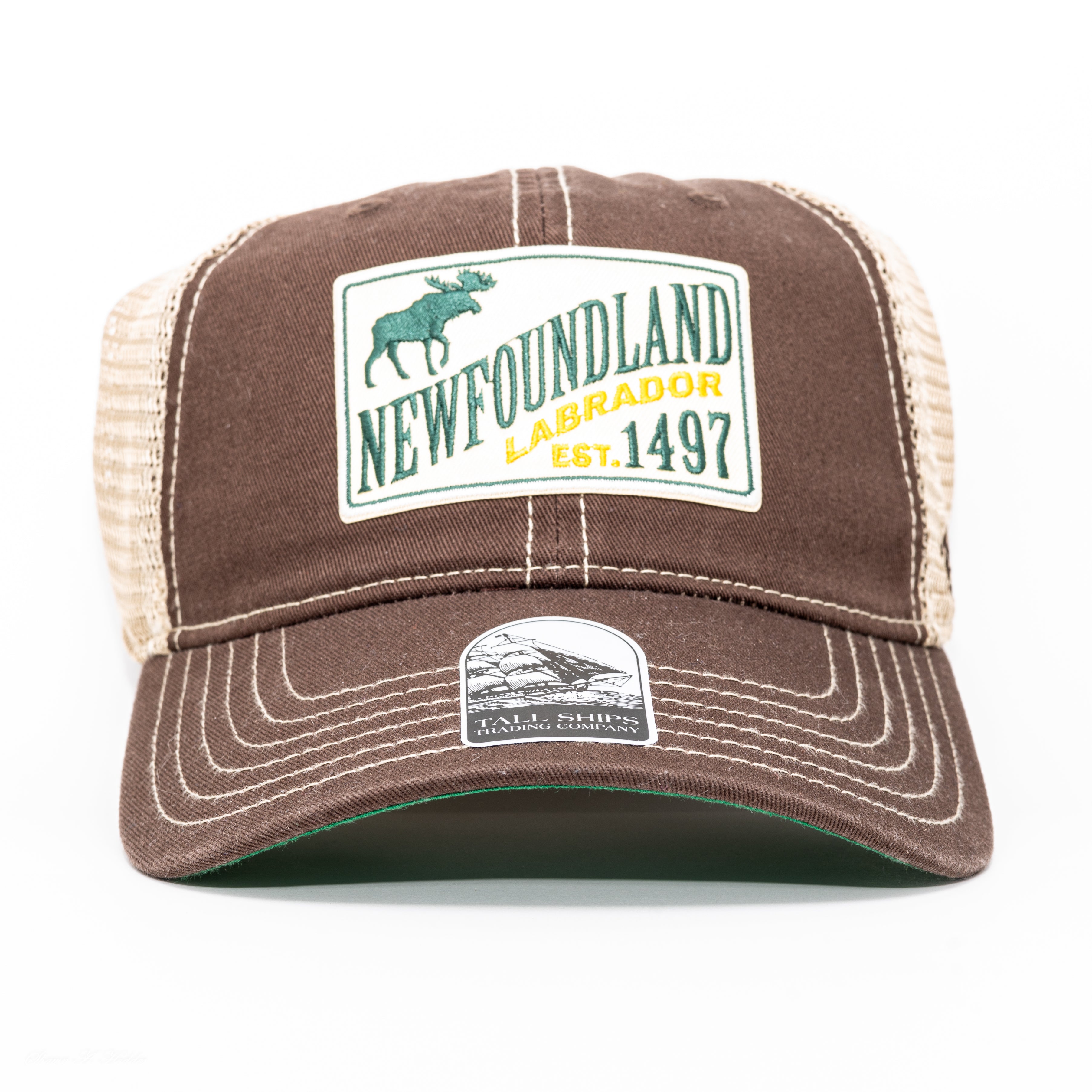 Front view of brown Newfoundland Labrador EST. 1497 ball cap with mesh back and moose patch